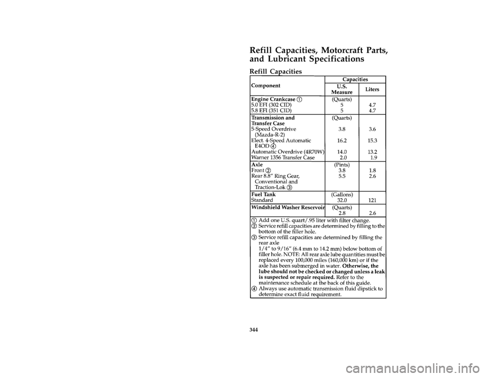 FORD BRONCO 1996 5.G Owners Manual 344
*
[SV51500( ALL)03/95]
Refill Capacities, Motorcraft Parts,
and Lubricant Specifications
*
[SV51600( ALL)03/95]
Refill Capacities
[SV51800(B )03/94]
thirty-four pica chart:0020418-KFile:ltsvb.ex
U