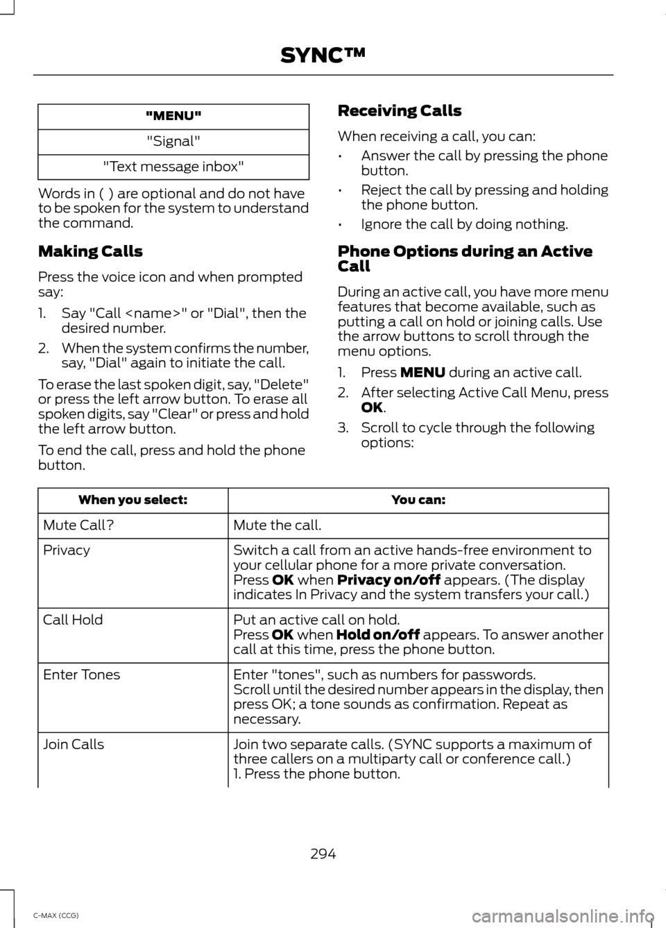 FORD C MAX HYBRID 2014 2.G Owners Manual "MENU"
"Signal"
"Text message inbox"
Words in ( ) are optional and do not have
to be spoken for the system to understand
the command.
Making Calls
Press the voice icon and when prompted
say:
1. Say "C
