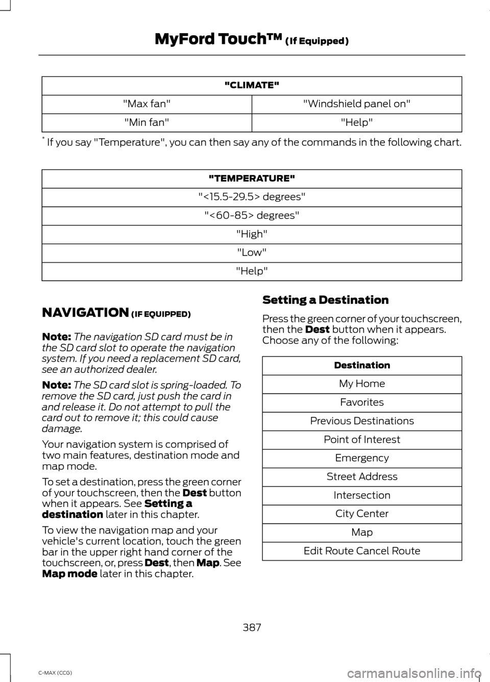 FORD C MAX HYBRID 2014 2.G Owners Manual "CLIMATE"
"Windshield panel on"
"Max fan"
"Help"
"Min fan"
*  If you say "Temperature", you can then say any of the commands in the following chart. "TEMPERATURE"
"<15.5-29.5> degrees" "<60-85> degree