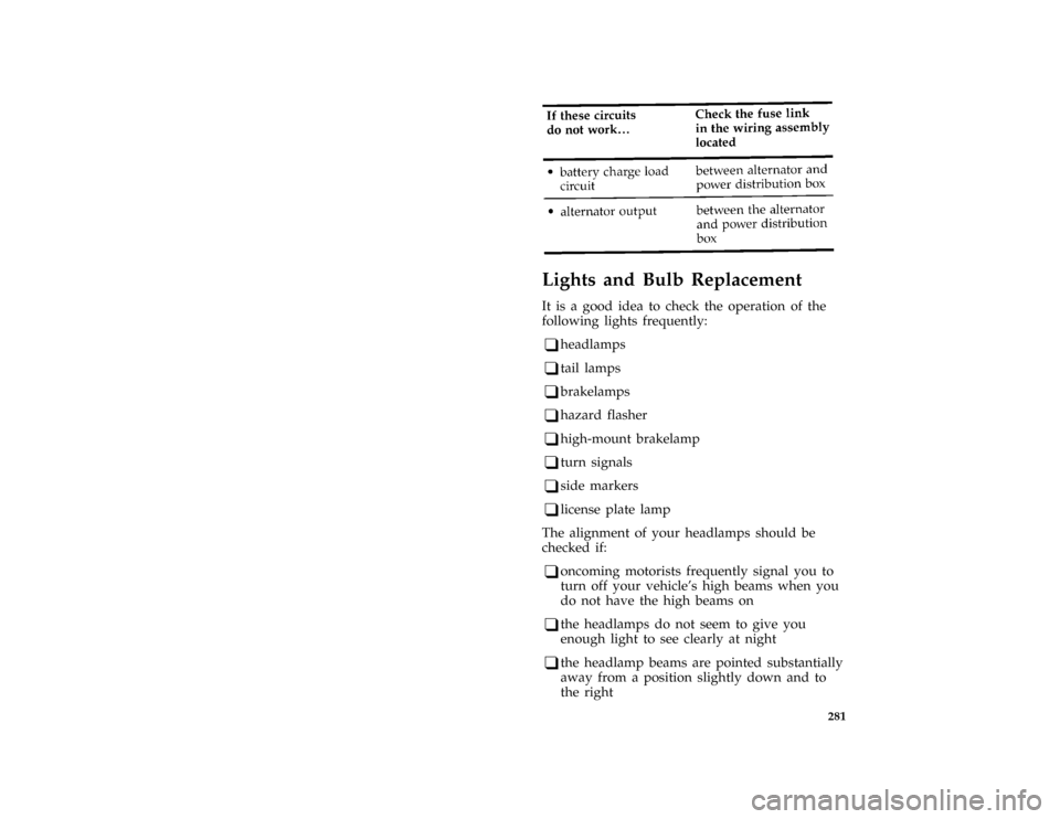 FORD CROWN VICTORIA 1996 1.G Owners Manual 281 [SV43970( GV)03/93]
ten pica chart:0010407-D
%*
[SV44400( ALL)03/95]
Lights and Bulb Replacement
*
[SV44500( ALL)01/95]
It is a good idea to check the operation of the
following lights frequently: