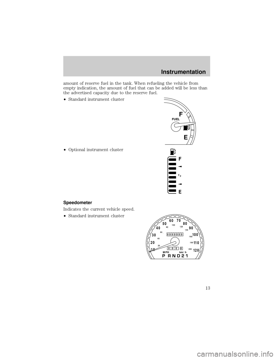 FORD CROWN VICTORIA 1998 2.G Owners Manual amount of reserve fuel in the tank. When refueling the vehicle from
empty indication, the amount of fuel that can be added will be less than
the advertised capacity due to the reserve fuel.
²Standard