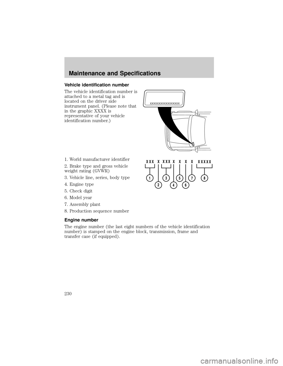 FORD CROWN VICTORIA 2002 2.G Owners Manual Vehicle identification number
The vehicle identification number is
attached to a metal tag and is
located on the driver side
instrument panel. (Please note that
in the graphic XXXX is
representative o