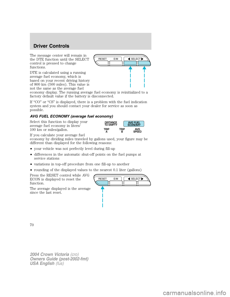 FORD CROWN VICTORIA 2004 2.G Owners Manual The message center will remain in
the DTE function until the SELECT
control is pressed to change
functions.
DTE is calculated using a running
average fuel economy, which is
based on your recent drivin FORD CROWN VICTORIA 2004 2.G Owners Manual The message center will remain in
the DTE function until the SELECT
control is pressed to change
functions.
DTE is calculated using a running
average fuel economy, which is
based on your recent drivin