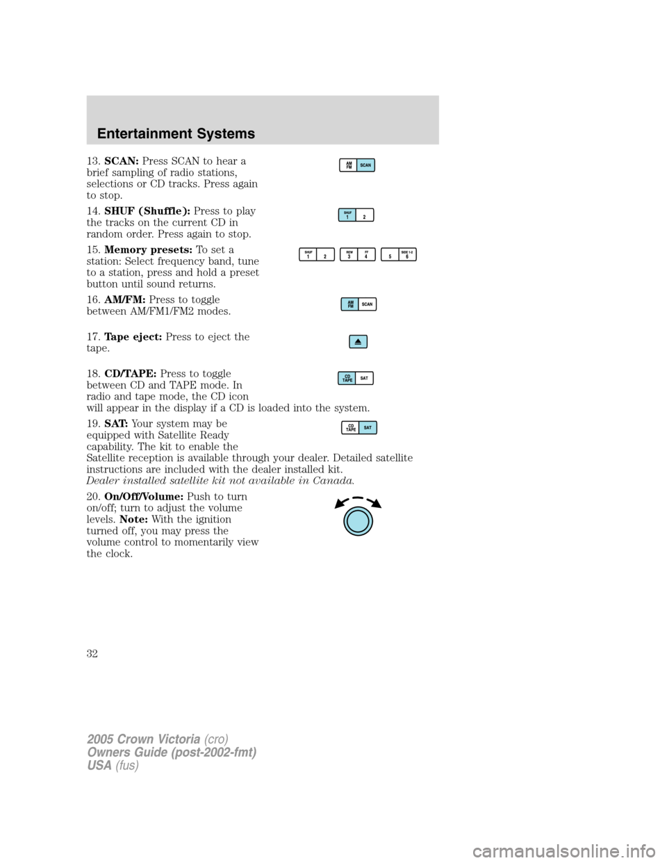 FORD CROWN VICTORIA 2005 2.G Owners Manual 13.SCAN:Press SCAN to hear a
brief sampling of radio stations,
selections or CD tracks. Press again
to stop.
14.SHUF (Shuffle):Press to play
the tracks on the current CD in
random order. Press again t FORD CROWN VICTORIA 2005 2.G Owners Manual 13.SCAN:Press SCAN to hear a
brief sampling of radio stations,
selections or CD tracks. Press again
to stop.
14.SHUF (Shuffle):Press to play
the tracks on the current CD in
random order. Press again t