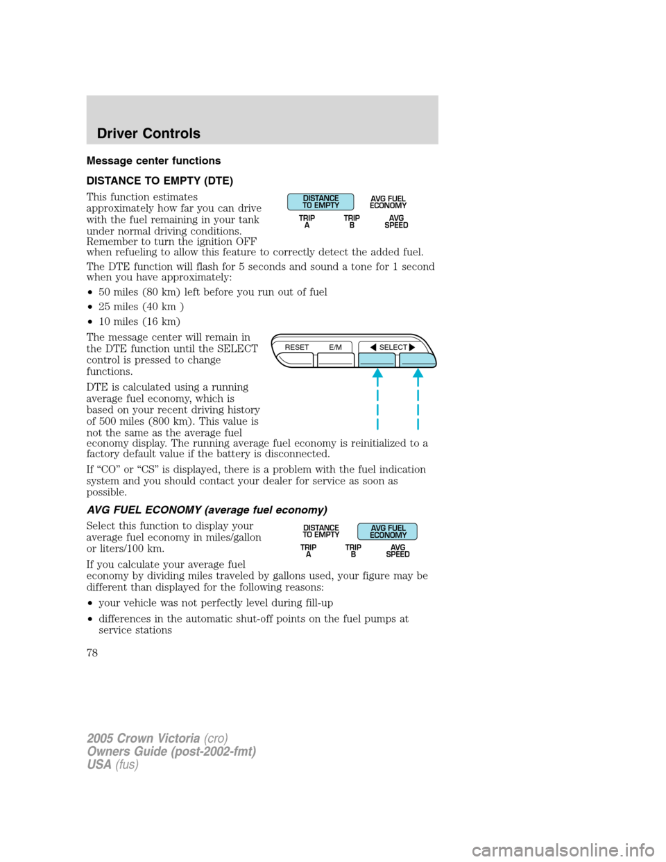 FORD CROWN VICTORIA 2005 2.G Owners Manual Message center functions
DISTANCE TO EMPTY (DTE)
This function estimates
approximately how far you can drive
with the fuel remaining in your tank
under normal driving conditions.
Remember to turn the FORD CROWN VICTORIA 2005 2.G Owners Manual Message center functions
DISTANCE TO EMPTY (DTE)
This function estimates
approximately how far you can drive
with the fuel remaining in your tank
under normal driving conditions.
Remember to turn the
