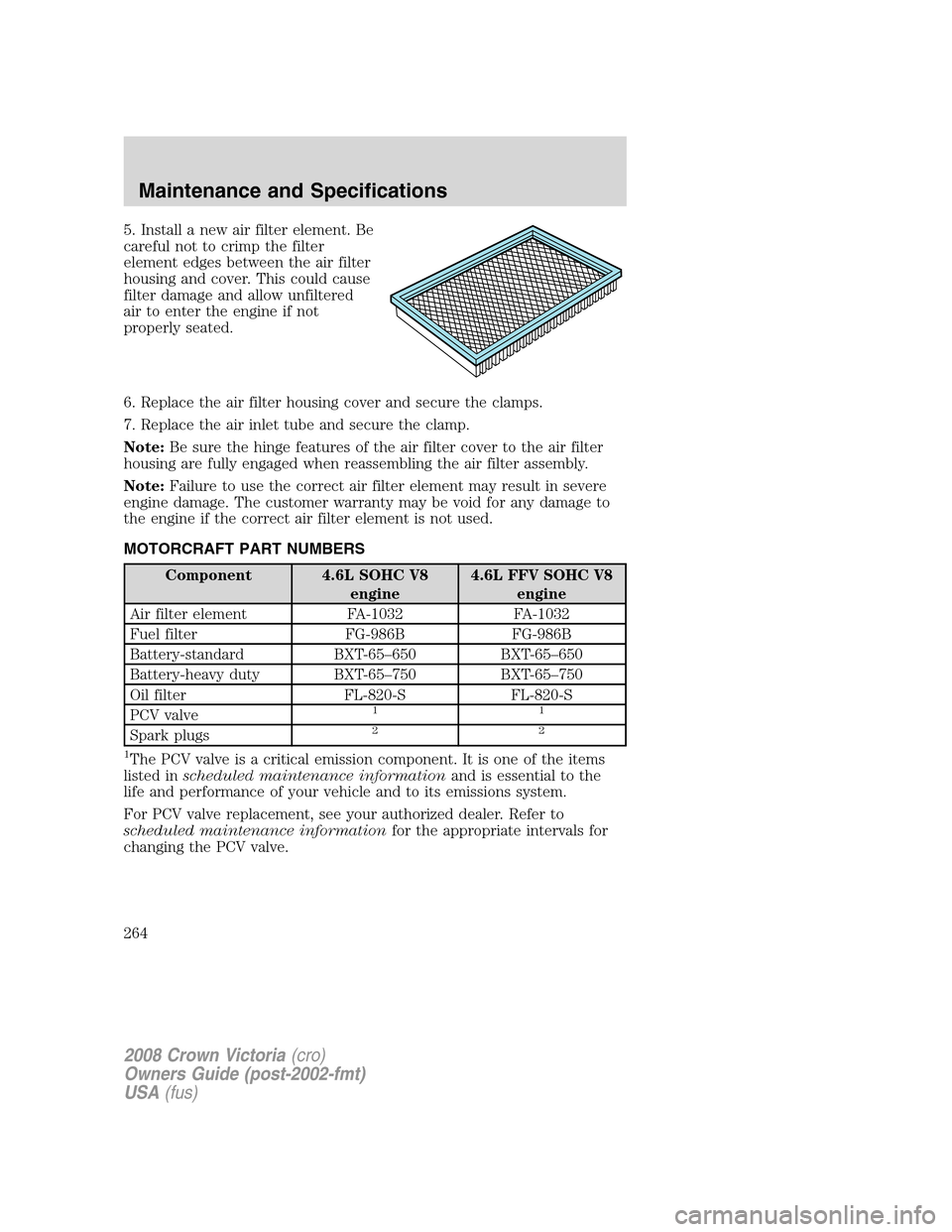 FORD CROWN VICTORIA 2008 2.G Owners Manual 5. Install a new air filter element. Be
careful not to crimp the filter
element edges between the air filter
housing and cover. This could cause
filter damage and allow unfiltered
air to enter the eng FORD CROWN VICTORIA 2008 2.G Owners Manual 5. Install a new air filter element. Be
careful not to crimp the filter
element edges between the air filter
housing and cover. This could cause
filter damage and allow unfiltered
air to enter the eng