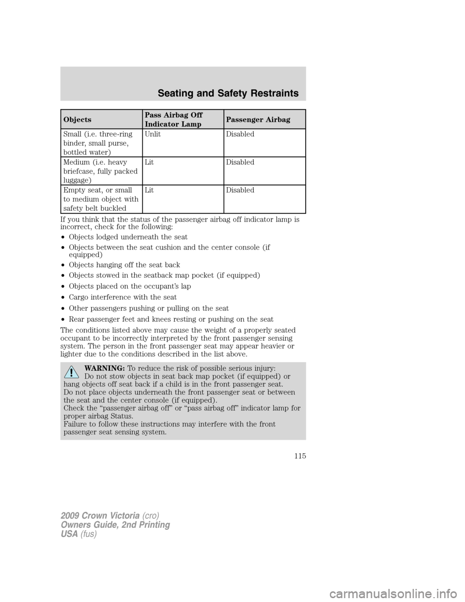FORD CROWN VICTORIA 2009 2.G Owners Manual ObjectsPass Airbag Off
Indicator LampPassenger Airbag
Small (i.e. three-ring
binder, small purse,
bottled water)Unlit Disabled
Medium (i.e. heavy
briefcase, fully packed
luggage)Lit Disabled
Empty sea FORD CROWN VICTORIA 2009 2.G Owners Manual ObjectsPass Airbag Off
Indicator LampPassenger Airbag
Small (i.e. three-ring
binder, small purse,
bottled water)Unlit Disabled
Medium (i.e. heavy
briefcase, fully packed
luggage)Lit Disabled
Empty sea
