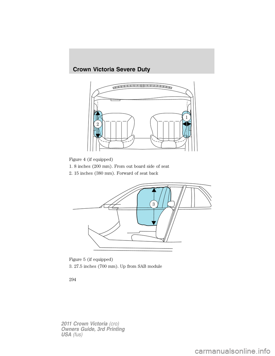 FORD CROWN VICTORIA 2011 2.G Owners Manual Figure 4 (if equipped)
1. 8 inches (200 mm). From out board side of seat
2. 15 inches (380 mm). Forward of seat back
Figure 5 (if equipped)
3. 27.5 inches (700 mm). Up from SAB module
Crown Victoria S