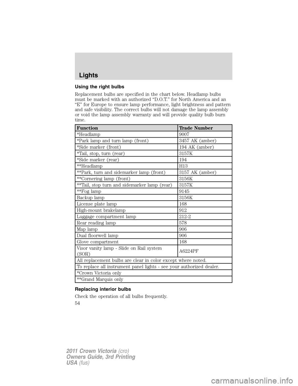 FORD CROWN VICTORIA 2011 2.G Owners Manual Using the right bulbs
Replacement bulbs are specified in the chart below. Headlamp bulbs
must be marked with an authorized “D.O.T.” for North America and an
“E” for Europe to ensure lamp perfo FORD CROWN VICTORIA 2011 2.G Owners Manual Using the right bulbs
Replacement bulbs are specified in the chart below. Headlamp bulbs
must be marked with an authorized “D.O.T.” for North America and an
“E” for Europe to ensure lamp perfo