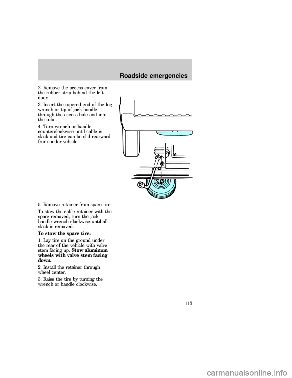 FORD E SERIES 1997 4.G Owners Manual 2. Remove the access cover from
the rubber strip behind the left
door.
3. Insert the tapered end of the lug
wrench or tip of jack handle
through the access hole and into
the tube.
4. Turn wrench or ha