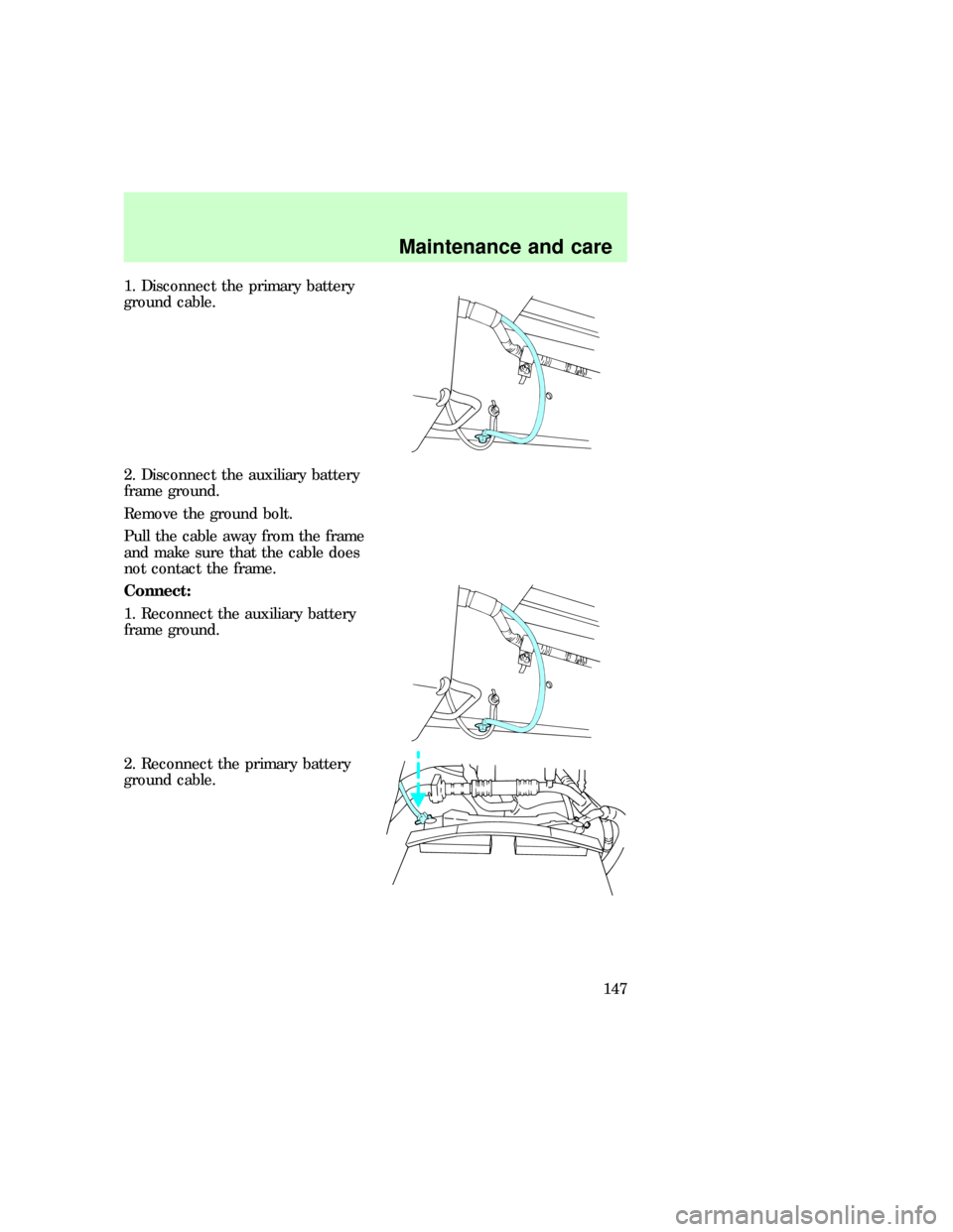 FORD E SERIES 1997 4.G Owners Manual 1. Disconnect the primary battery
ground cable.
2. Disconnect the auxiliary battery
frame ground.
Remove the ground bolt.
Pull the cable away from the frame
and make sure that the cable does
not conta