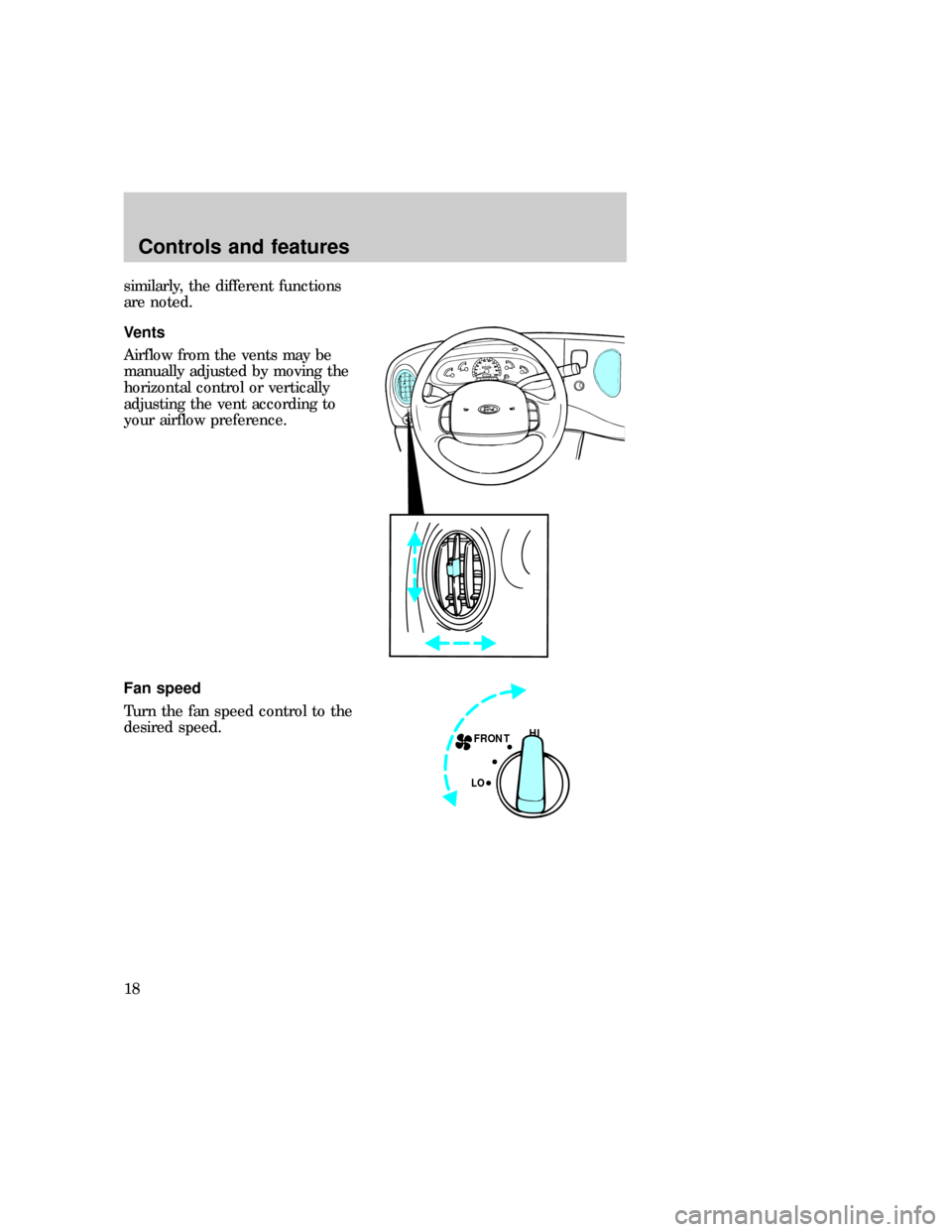 FORD E SERIES 1997 4.G Owners Manual similarly, the different functions
are noted.
Vents
Airflow from the vents may be
manually adjusted by moving the
horizontal control or vertically
adjusting the vent according to
your airflow preferen