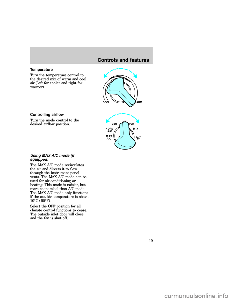 FORD E SERIES 1997 4.G Owners Manual Temperature
Turn the temperature control to
the desired mix of warm and cool
air (left for cooler and right for
warmer).
Controlling airflow
Turn the mode control to the
desired airflow position.
Usin