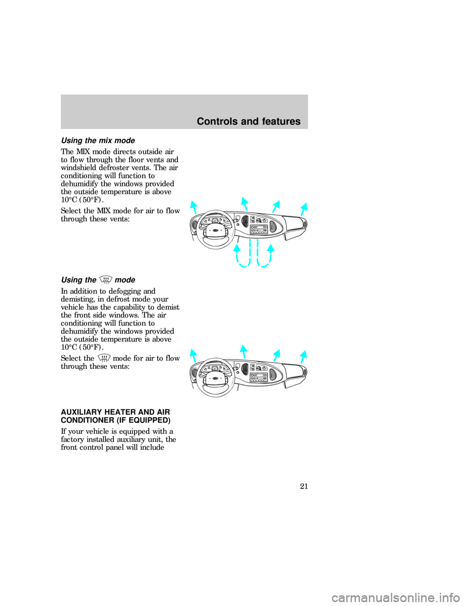 FORD E SERIES 1997 4.G Owners Manual Using the mix mode
The MIX mode directs outside air
to flow through the floor vents and
windshield defroster vents. The air
conditioning will function to
dehumidify the windows provided
the outside te
