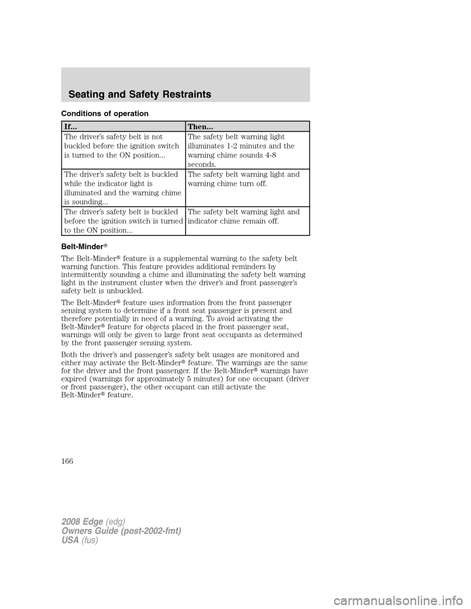 FORD EDGE 2008 1.G Owners Manual Conditions of operation
If... Then...
The driver’s safety belt is not
buckled before the ignition switch
is turned to the ON position...The safety belt warning light
illuminates 1-2 minutes and the

