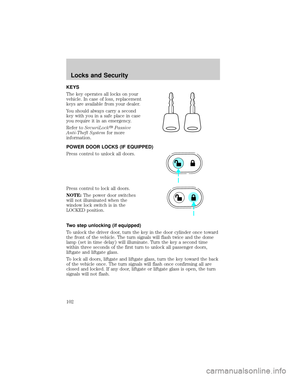 FORD ESCAPE 2002 1.G Owners Manual KEYS
The key operates all locks on your
vehicle. In case of loss, replacement
keys are available from your dealer.
You should always carry a second
key with you in a safe place in case
you require it 
