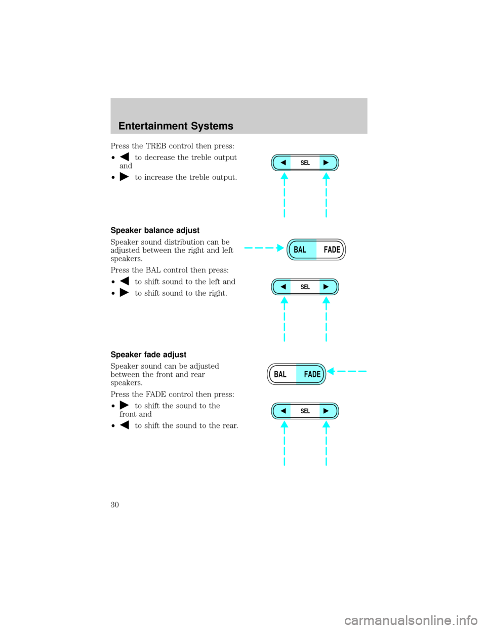 FORD ESCAPE 2002 1.G Owners Manual Press the TREB control then press:
²
to decrease the treble output
and
²
to increase the treble output.
Speaker balance adjust
Speaker sound distribution can be
adjusted between the right and left
s