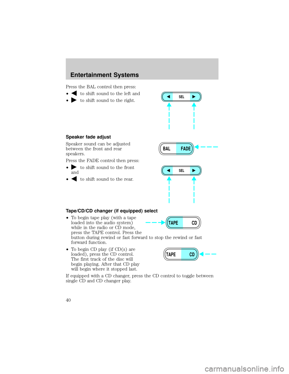 FORD ESCAPE 2002 1.G Owners Manual Press the BAL control then press:
²
to shift sound to the left and
²
to shift sound to the right.
Speaker fade adjust
Speaker sound can be adjusted
between the front and rear
speakers.
Press the FAD