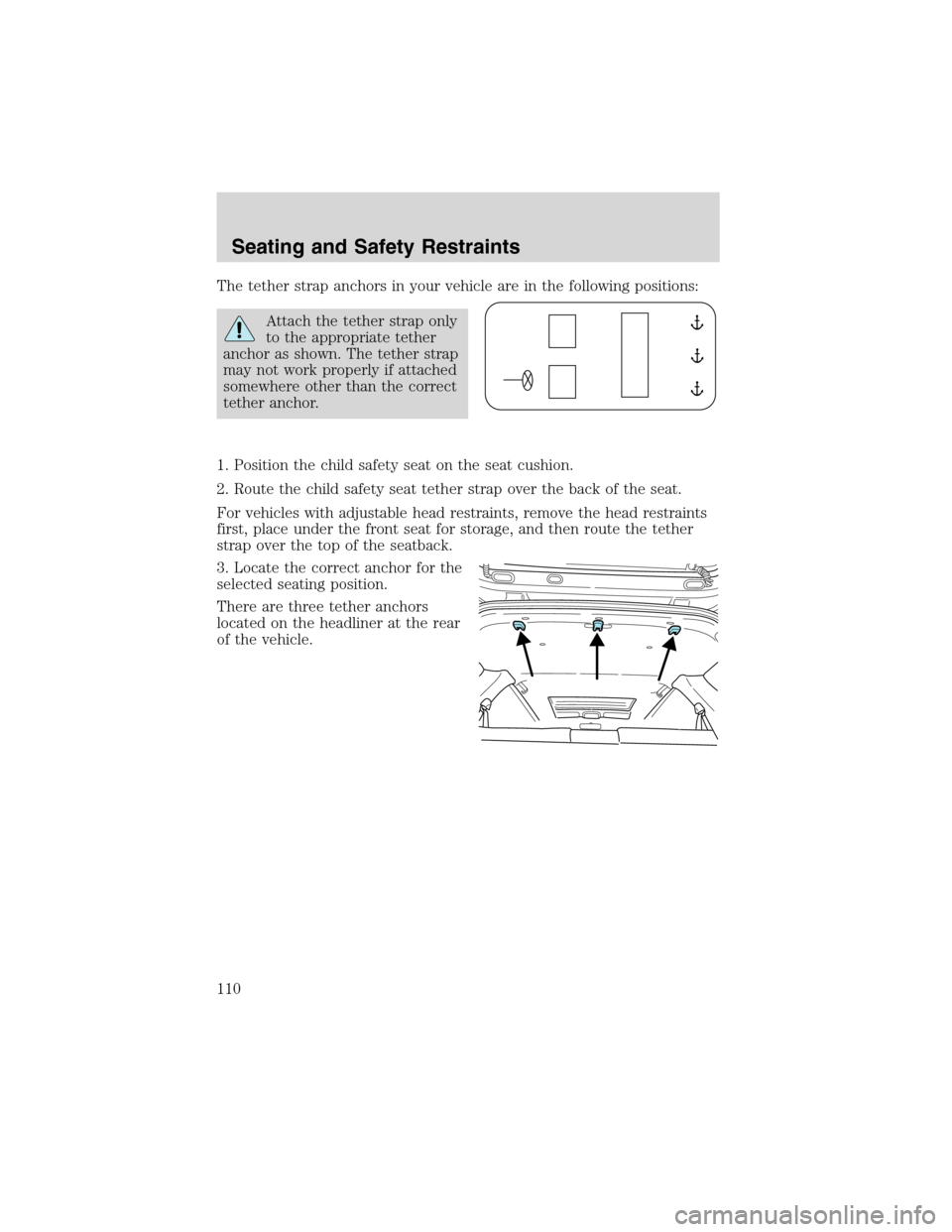 FORD ESCAPE 2003 1.G Owners Manual The tether strap anchors in your vehicle are in the following positions:
Attach the tether strap only
to the appropriate tether
anchor as shown. The tether strap
may not work properly if attached
some