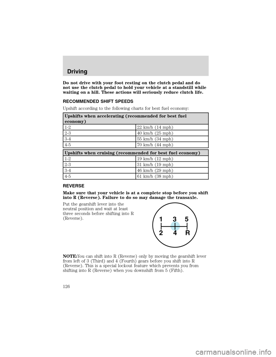 FORD ESCAPE 2003 1.G Owners Manual Do not drive with your foot resting on the clutch pedal and do
not use the clutch pedal to hold your vehicle at a standstill while
waiting on a hill. These actions will seriously reduce clutch life.
R