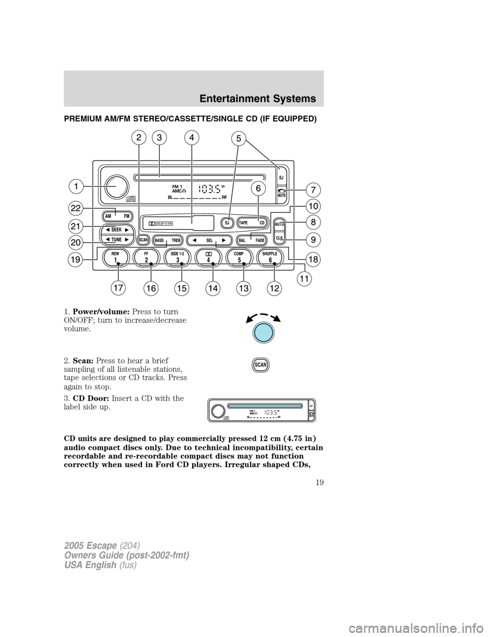 FORD ESCAPE 2005 1.G Owners Manual PREMIUM AM/FM STEREO/CASSETTE/SINGLE CD (IF EQUIPPED)
1.Power/volume:Press to turn
ON/OFF; turn to increase/decrease
volume.
2.Scan:Press to hear a brief
sampling of all listenable stations,
tape sele