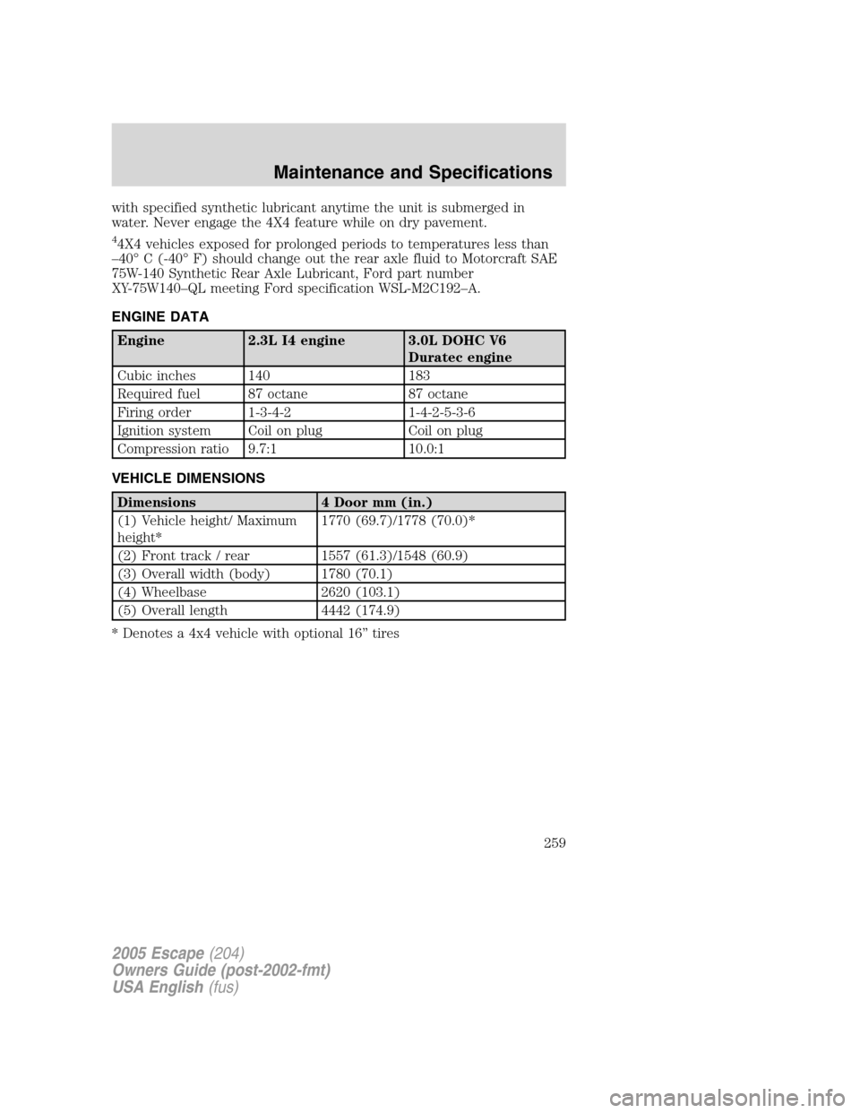 FORD ESCAPE 2005 1.G Owners Manual with specified synthetic lubricant anytime the unit is submerged in
water. Never engage the 4X4 feature while on dry pavement.
44X4 vehicles exposed for prolonged periods to temperatures less than
– FORD ESCAPE 2005 1.G Owners Manual with specified synthetic lubricant anytime the unit is submerged in
water. Never engage the 4X4 feature while on dry pavement.
44X4 vehicles exposed for prolonged periods to temperatures less than
–