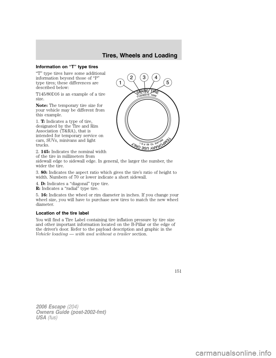 FORD ESCAPE 2006 1.G Owners Manual Information on “T” type tires
“T” type tires have some additional
information beyond those of “P”
type tires; these differences are
described below:
T145/80D16 is an example of a tire
size FORD ESCAPE 2006 1.G Owners Manual Information on “T” type tires
“T” type tires have some additional
information beyond those of “P”
type tires; these differences are
described below:
T145/80D16 is an example of a tire
size