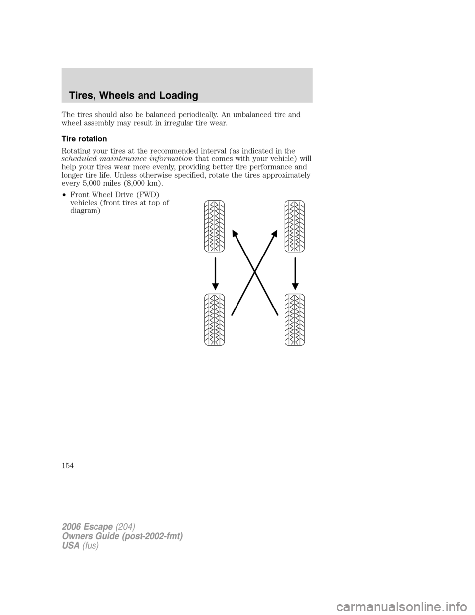 FORD ESCAPE 2006 1.G Owners Manual The tires should also be balanced periodically. An unbalanced tire and
wheel assembly may result in irregular tire wear.
Tire rotation
Rotating your tires at the recommended interval (as indicated in 