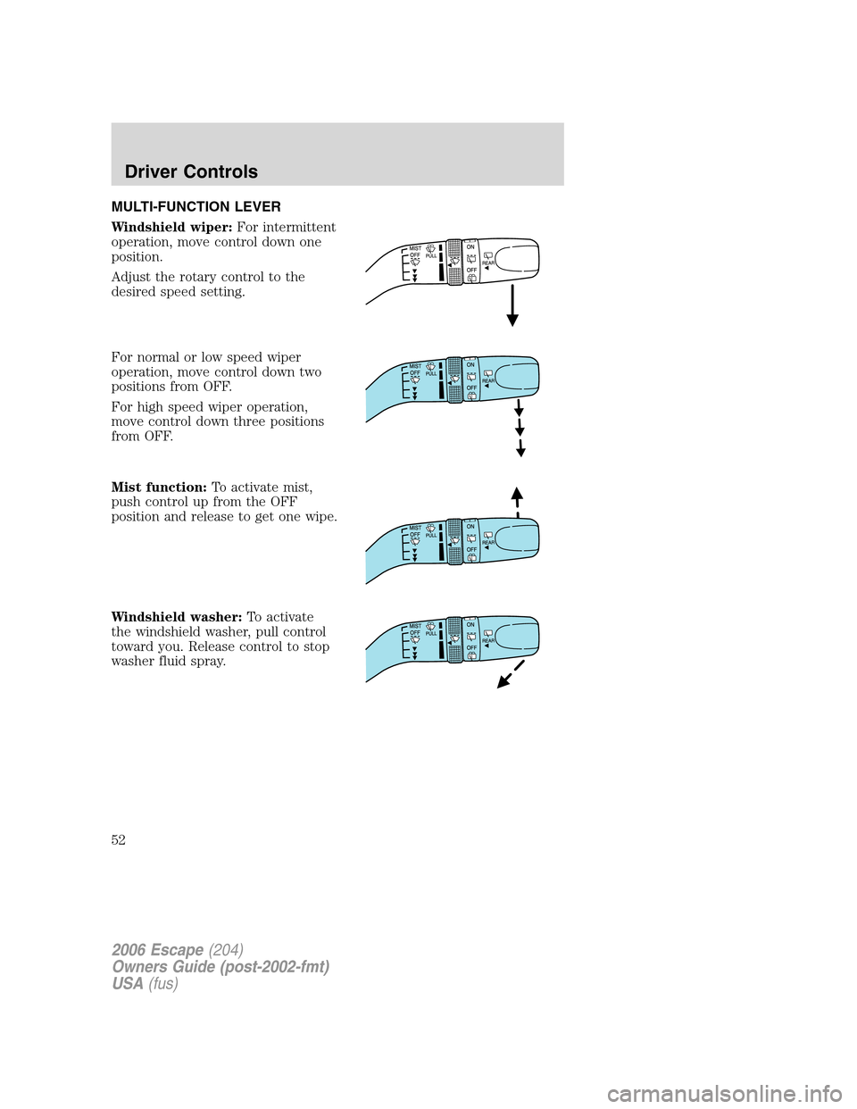 FORD ESCAPE 2006 1.G Owners Manual MULTI-FUNCTION LEVER
Windshield wiper:For intermittent
operation, move control down one
position.
Adjust the rotary control to the
desired speed setting.
For normal or low speed wiper
operation, move 