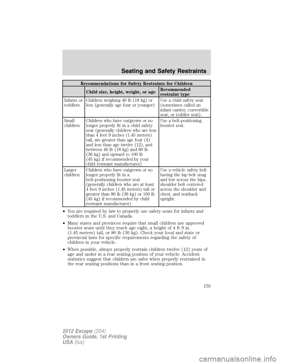 FORD ESCAPE 2012 2.G Owners Manual Recommendations for Safety Restraints for Children
Child size, height, weight, or ageRecommended
restraint type
Infants or
toddlersChildren weighing 40 lb (18 kg) or
less (generally age four or younge FORD ESCAPE 2012 2.G Owners Manual Recommendations for Safety Restraints for Children
Child size, height, weight, or ageRecommended
restraint type
Infants or
toddlersChildren weighing 40 lb (18 kg) or
less (generally age four or younge