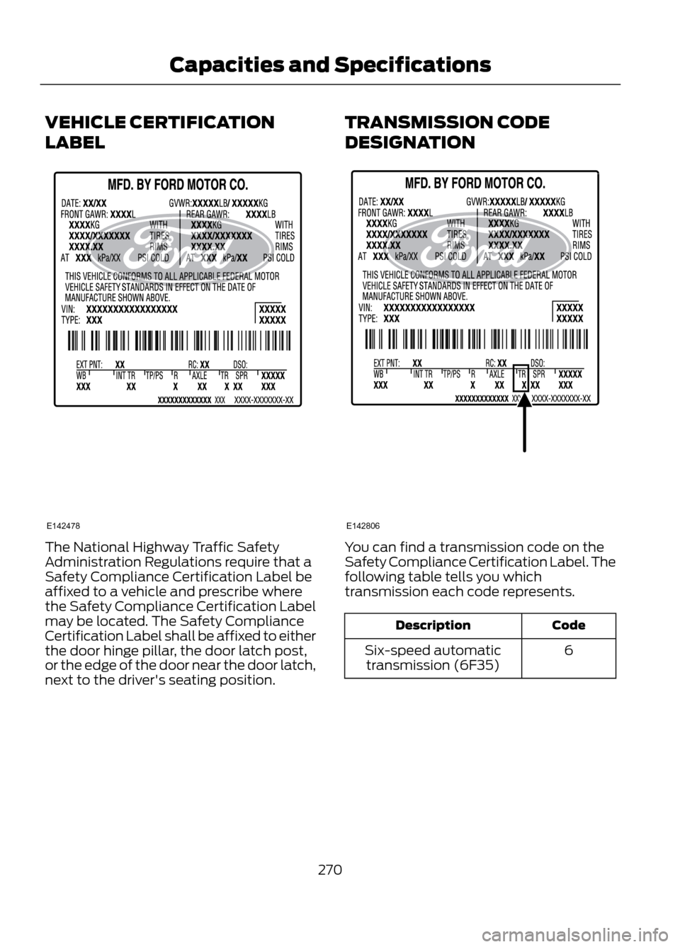 FORD ESCAPE 2013 3.G Owners Manual VEHICLE CERTIFICATION
LABEL
The National Highway Traffic Safety
Administration Regulations require that a
Safety Compliance Certification Label be
affixed to a vehicle and prescribe where
the Safety C