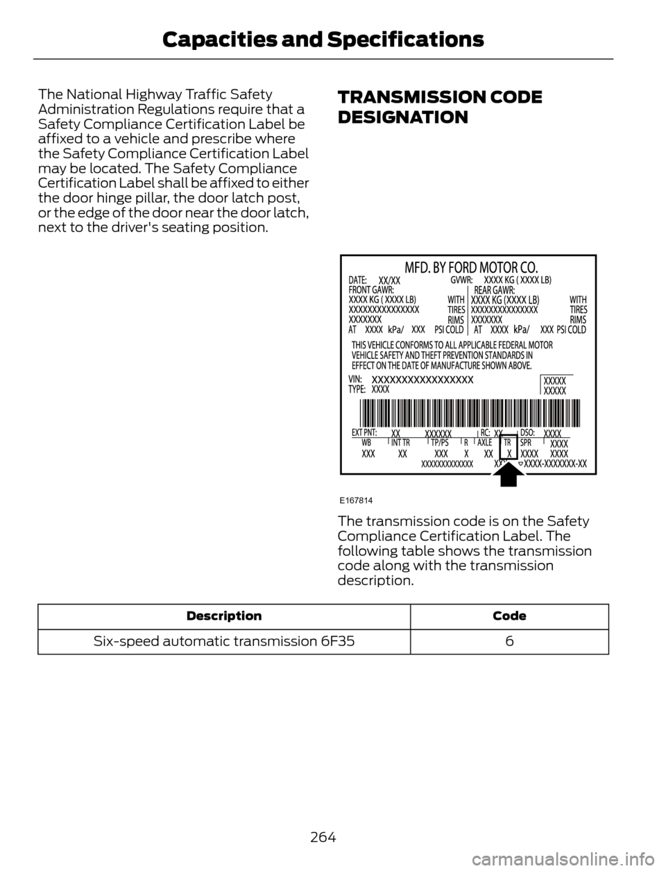 FORD ESCAPE 2014 3.G Owners Manual The National Highway Traffic Safety
Administration Regulations require that a
Safety Compliance Certification Label be
affixed to a vehicle and prescribe where
the Safety Compliance Certification Labe