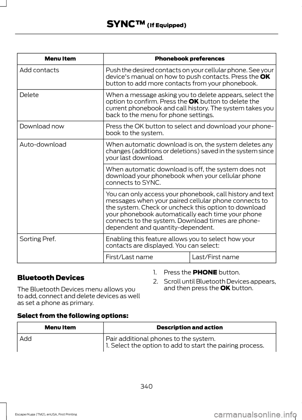 FORD ESCAPE 2017 3.G Owners Manual Phonebook preferences
Menu Item
Push the desired contacts on your cellular phone. See your
devices manual on how to push contacts. Press the OK
button to add more contacts from your phonebook.
Add co