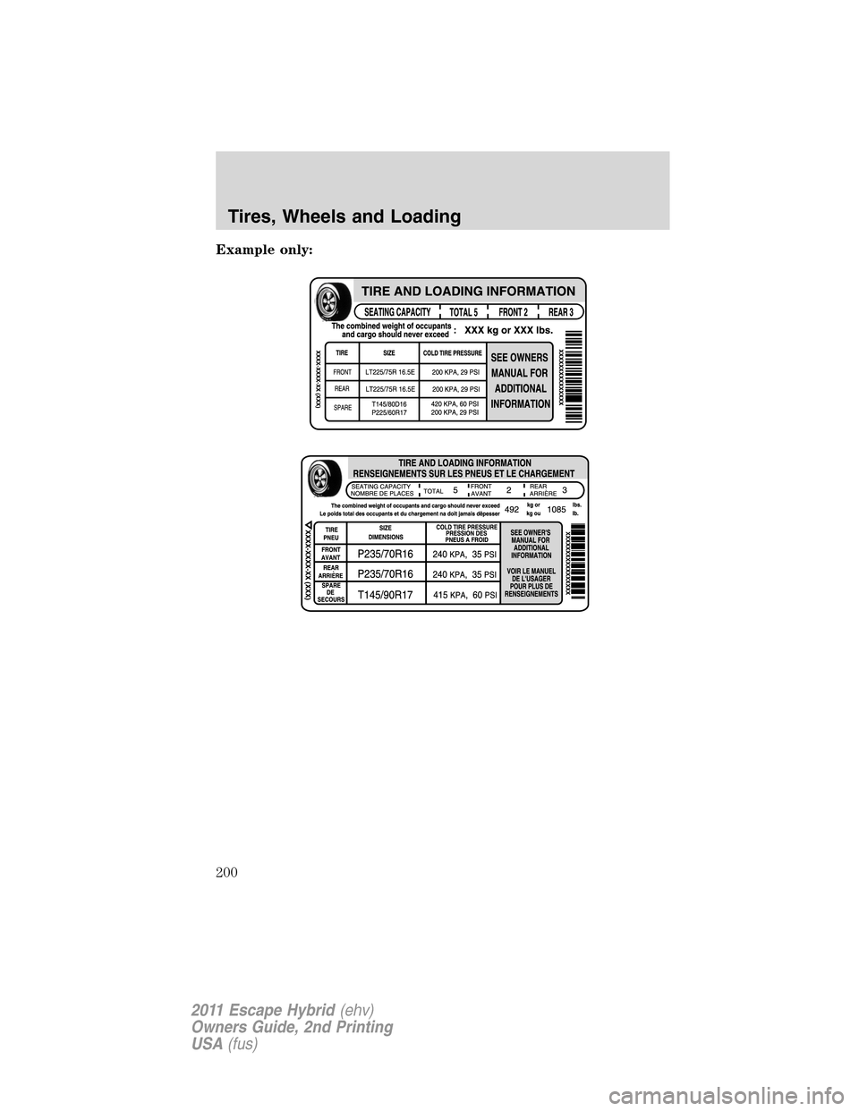 FORD ESCAPE HYBRID 2011 2.G Owners Manual Example only:
Tires, Wheels and Loading
200
2011 Escape Hybrid(ehv)
Owners Guide, 2nd Printing
USA(fus) 