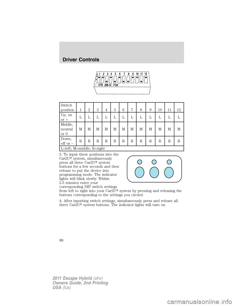 FORD ESCAPE HYBRID 2011 2.G Owners Manual Switch
position1234567 8 9101112
Up, on
or +LLLLLLL L L L L L
Middle,
neutral
or 0MMMMMMMMMMMM
Down,
off or –RRRRRRR R R R R R
L=left; M=middle; R=right
3. To input these positions into the
Car2Usy
