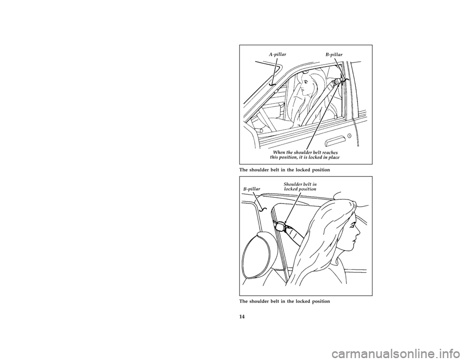 FORD ESCORT 1996 7.G Owners Manual 14 [SR04100(ALL)08/92]
half page art:0070042-BThe shoulder belt in the locked position
[SR04200(ALL)10/91]
half page art:0070043-A
The shoulder belt in the locked position
File:03ctsre.ex
Update:Tue S