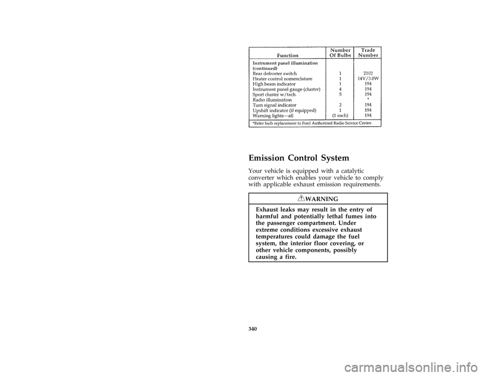 FORD ESCORT 1996 7.G Owners Manual 340 [SV40930(E )08/95]
fourteen pica chart:0070027-C
%*
[SV41000(ALL)03/95]
Emission Control System
*
[SV41100(ALL)05/95]
Your vehicle is equipped with a catalytic
converter which enables your vehicle