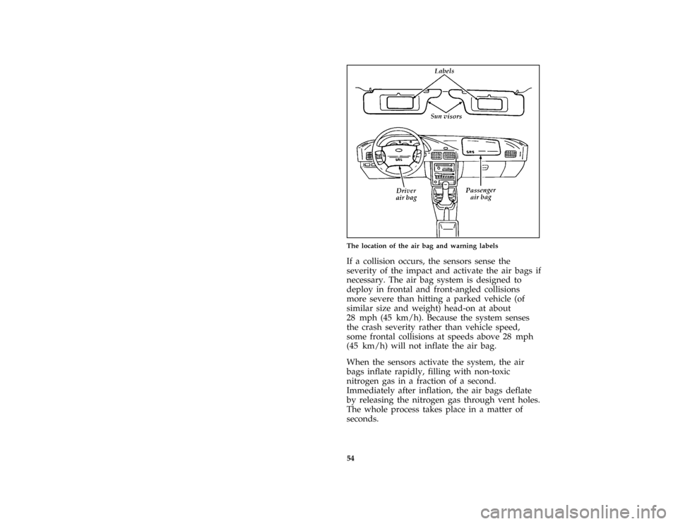 FORD ESCORT 1996 7.G Owners Manual 54 [SR13035(ALL)06/94]
half page art:0070212-BThe location of the air bag and warning labels
*
[SR13037(ALL)07/95]
If a collision occurs, the sensors sense the
severity of the impact and activate the 