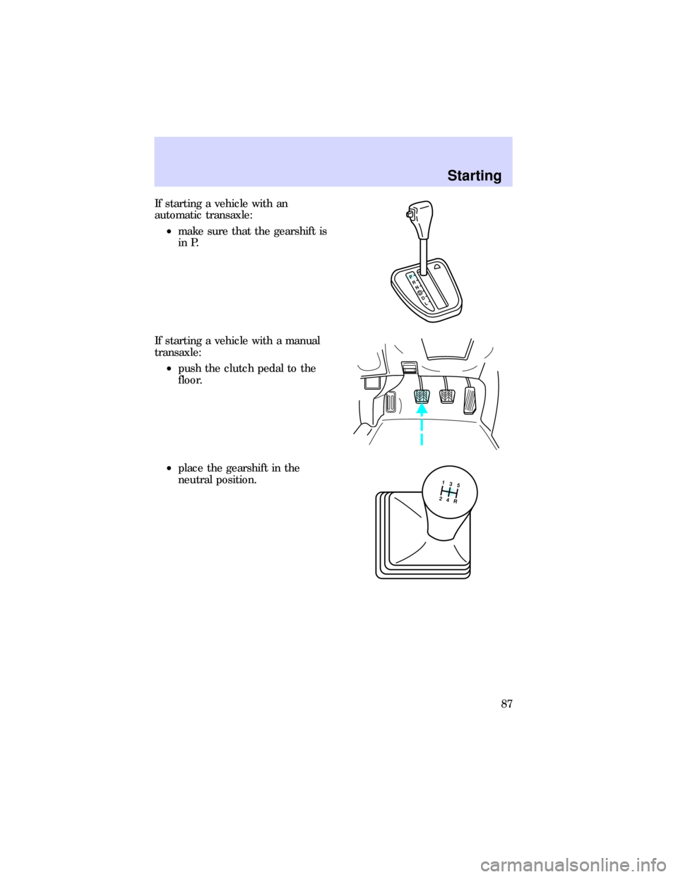 FORD ESCORT 1997 7.G Owners Manual If starting a vehicle with an
automatic transaxle:
²make sure that the gearshift is
in P.
If starting a vehicle with a manual
transaxle:
²push the clutch pedal to the
floor.
²place the gearshift in