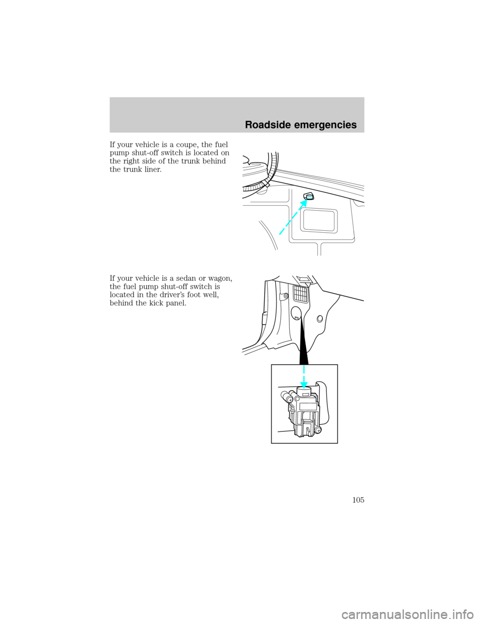 FORD ESCORT 1998 7.G Owners Manual If your vehicle is a coupe, the fuel
pump shut-off switch is located on
the right side of the trunk behind
the trunk liner.
If your vehicle is a sedan or wagon,
the fuel pump shut-off switch is
locate