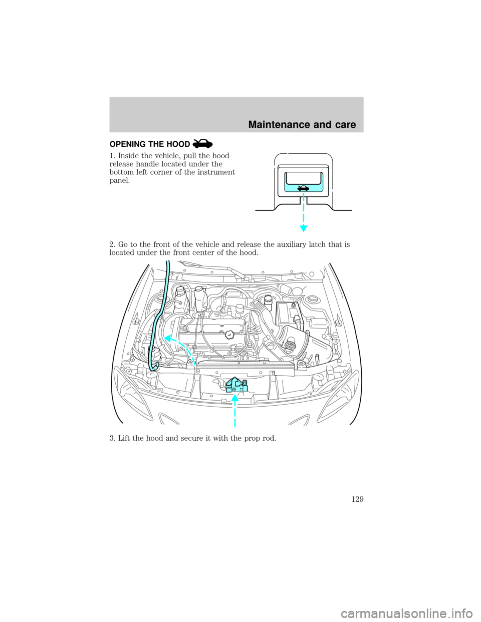 FORD ESCORT 2000 7.G Owners Manual OPENING THE HOOD
1. Inside the vehicle, pull the hood
release handle located under the
bottom left corner of the instrument
panel.
2. Go to the front of the vehicle and release the auxiliary latch tha