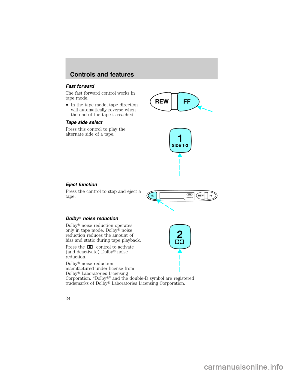 FORD ESCORT 2001 7.G Owners Manual Fast forward
The fast forward control works in
tape mode.
²In the tape mode, tape direction
will automatically reverse when
the end of the tape is reached.
Tape side select
Press this control to play