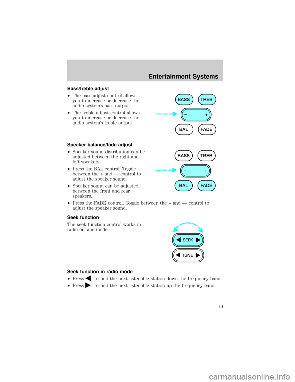 FORD ESCORT 2002 7.G Owners Manual Bass/treble adjust
²The bass adjust control allows
you to increase or decrease the
audio systems bass output.
²The treble adjust control allows
you to increase or decrease the
audio systems treble