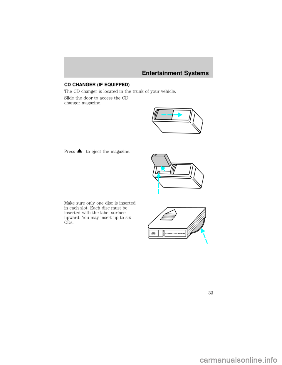 FORD ESCORT 2002 7.G Owners Manual CD CHANGER (IF EQUIPPED)
The CD changer is located in the trunk of your vehicle.
Slide the door to access the CD
changer magazine.
Press
to eject the magazine.
Make sure only one disc is inserted
in e
