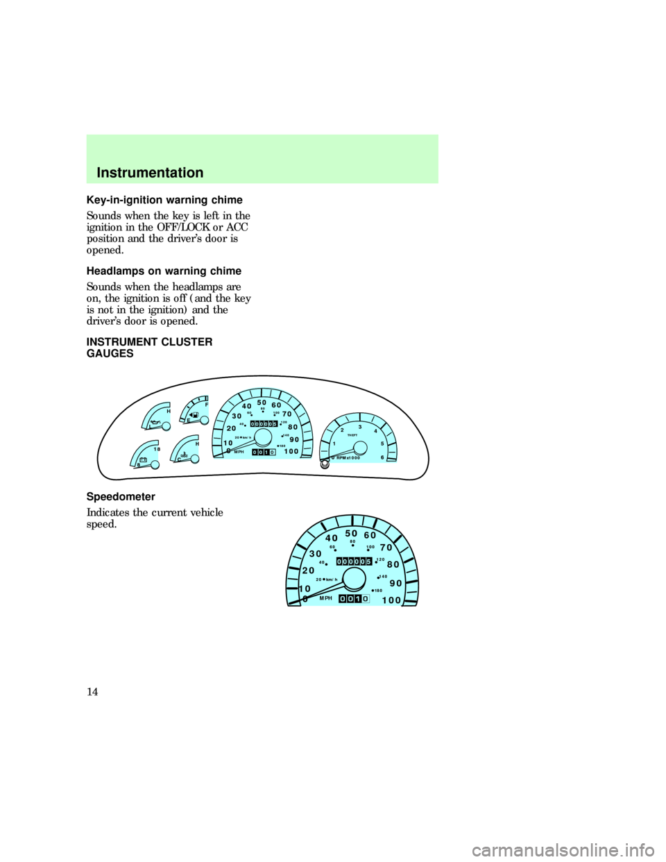 FORD EXPEDITION 1997 1.G Owners Manual Key-in-ignition warning chime
Sounds when the key is left in the
ignition in the OFF/LOCK or ACC
position and the drivers door is
opened.
Headlamps on warning chime
Sounds when the headlamps are
on, 