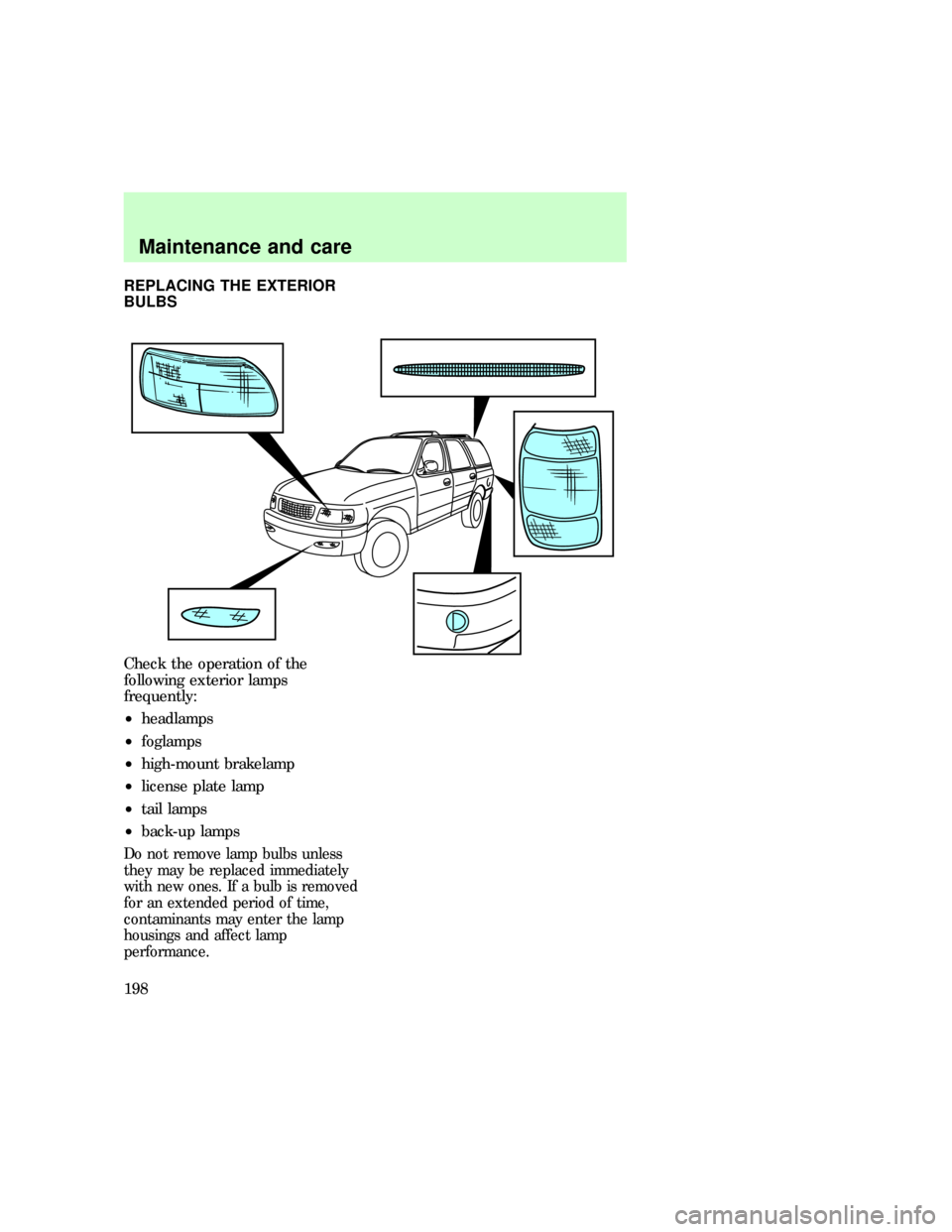 FORD EXPEDITION 1997 1.G Owners Manual REPLACING THE EXTERIOR
BULBS
Check the operation of the
following exterior lamps
frequently:
²headlamps
²foglamps
²high-mount brakelamp
²license plate lamp
²tail lamps
²back-up lamps
Do not remo