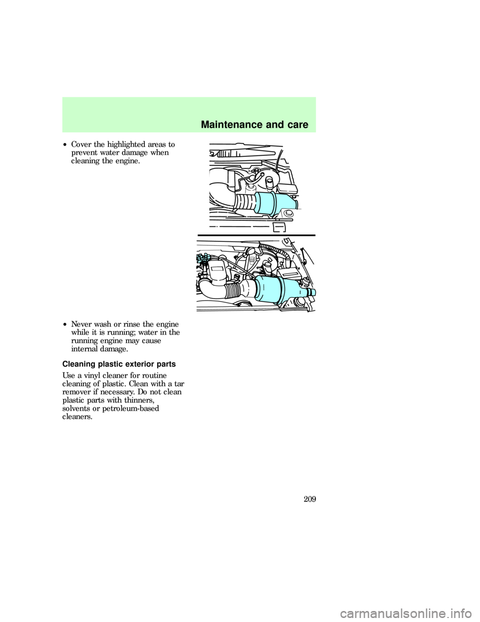 FORD EXPEDITION 1997 1.G Owners Manual ²Cover the highlighted areas to
prevent water damage when
cleaning the engine.
²Never wash or rinse the engine
while it is running; water in the
running engine may cause
internal damage.
Cleaning pl