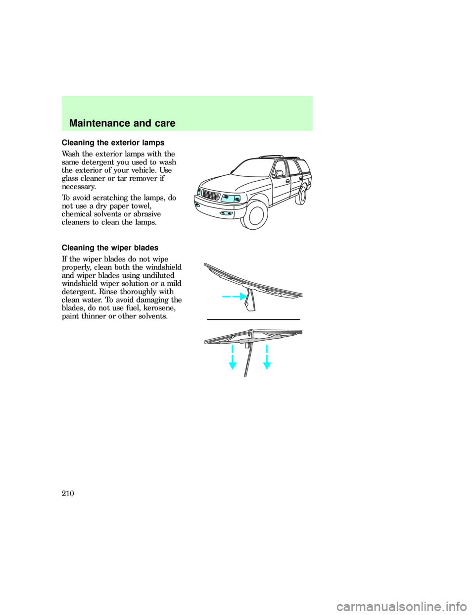 FORD EXPEDITION 1997 1.G Owners Manual Cleaning the exterior lamps
Wash the exterior lamps with the
same detergent you used to wash
the exterior of your vehicle. Use
glass cleaner or tar remover if
necessary.
To avoid scratching the lamps,