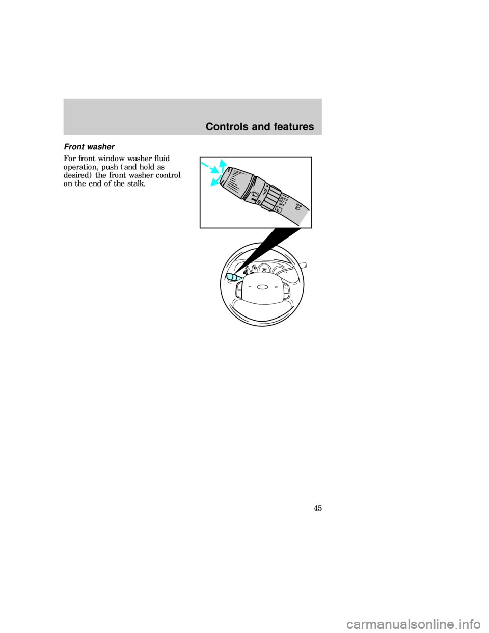 FORD EXPEDITION 1997 1.G Owners Manual Front washer
For front window washer fluid
operation, push (and hold as
desired) the front washer control
on the end of the stalk.
INT 2
INT 1
OFF
exd_title_rear_washer
Controls and features
45 