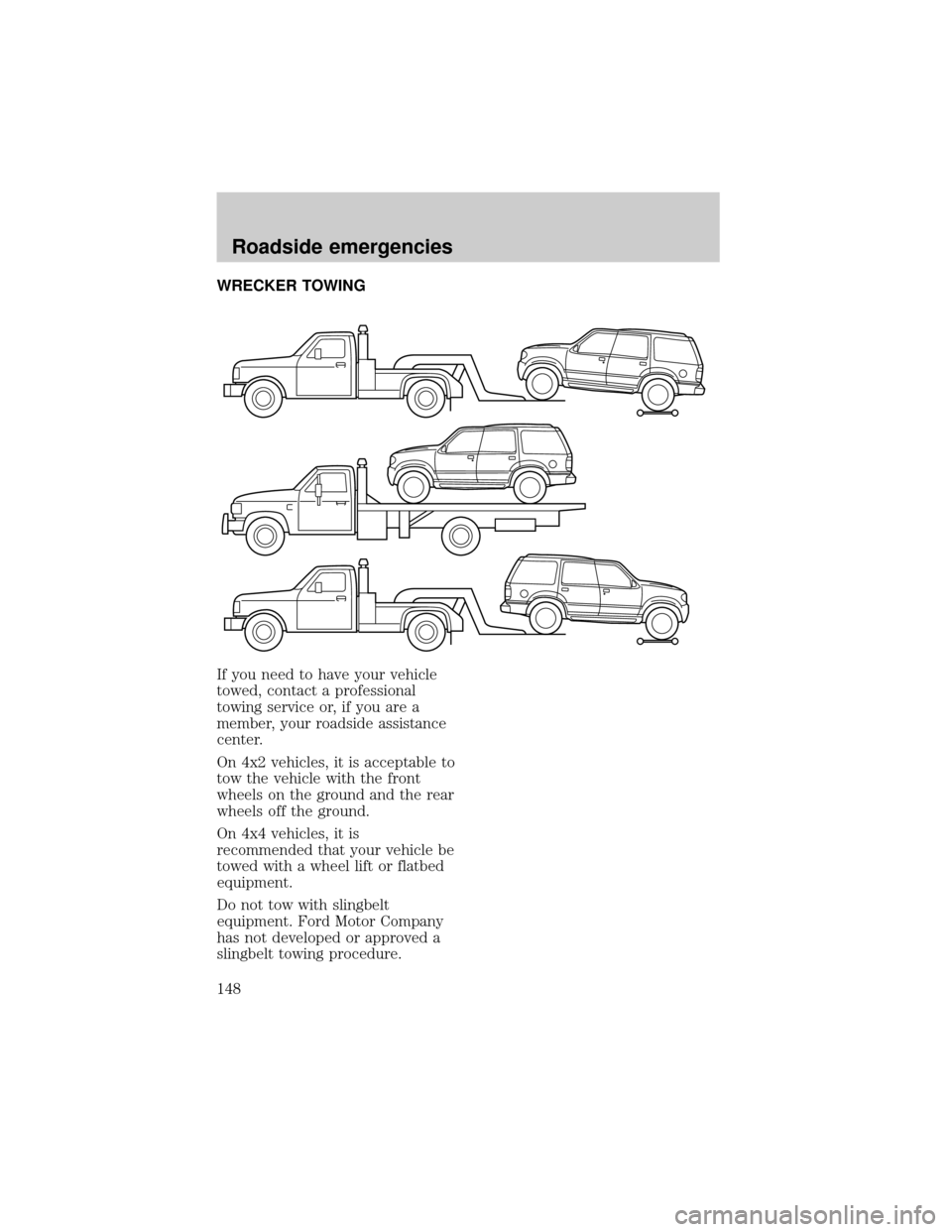 FORD EXPEDITION 1998 1.G Owners Manual WRECKER TOWING
If you need to have your vehicle
towed, contact a professional
towing service or, if you are a
member, your roadside assistance
center.
On 4x2 vehicles, it is acceptable to
tow the vehi